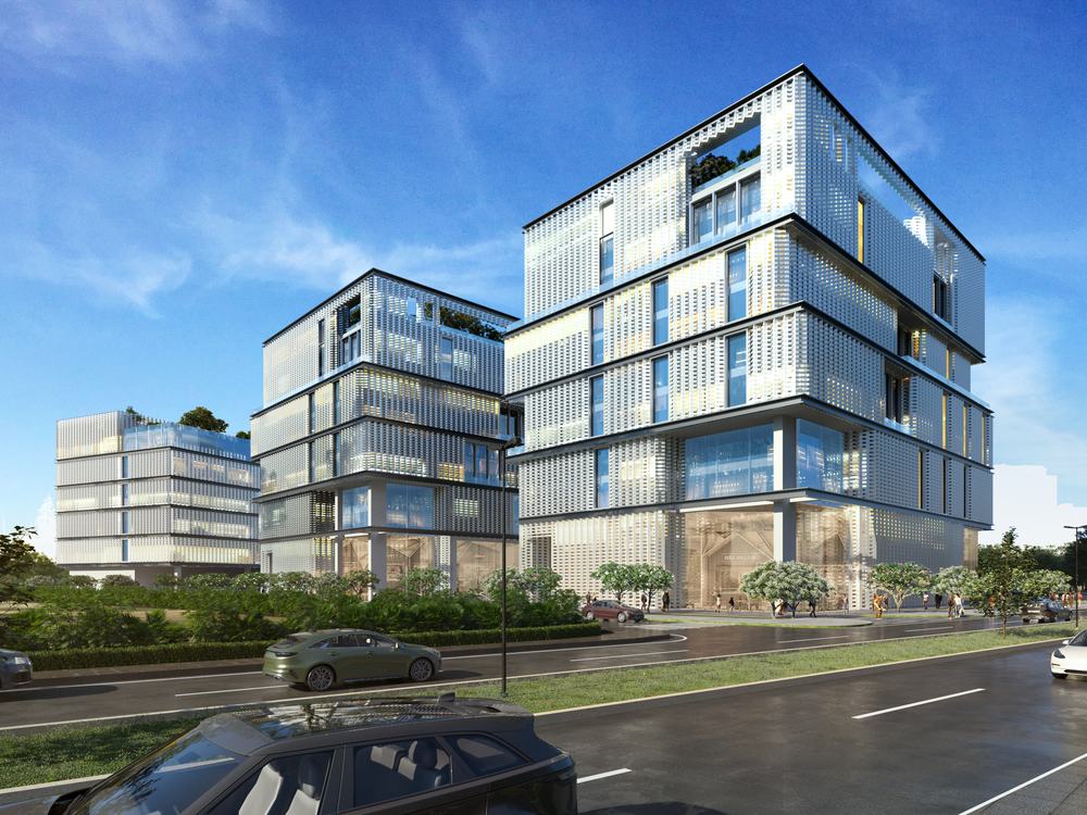 Stacked office volumes with a screened façade designed by AMA